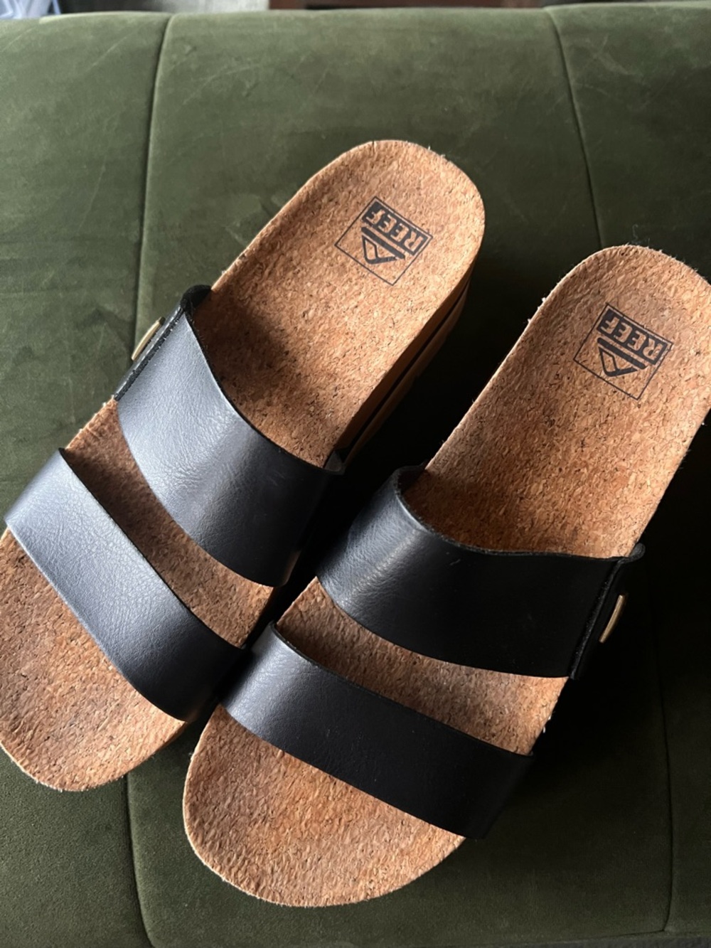 Reef Black Double-Strap Platform Sandals with Tan Sole - Picture 8 of 14